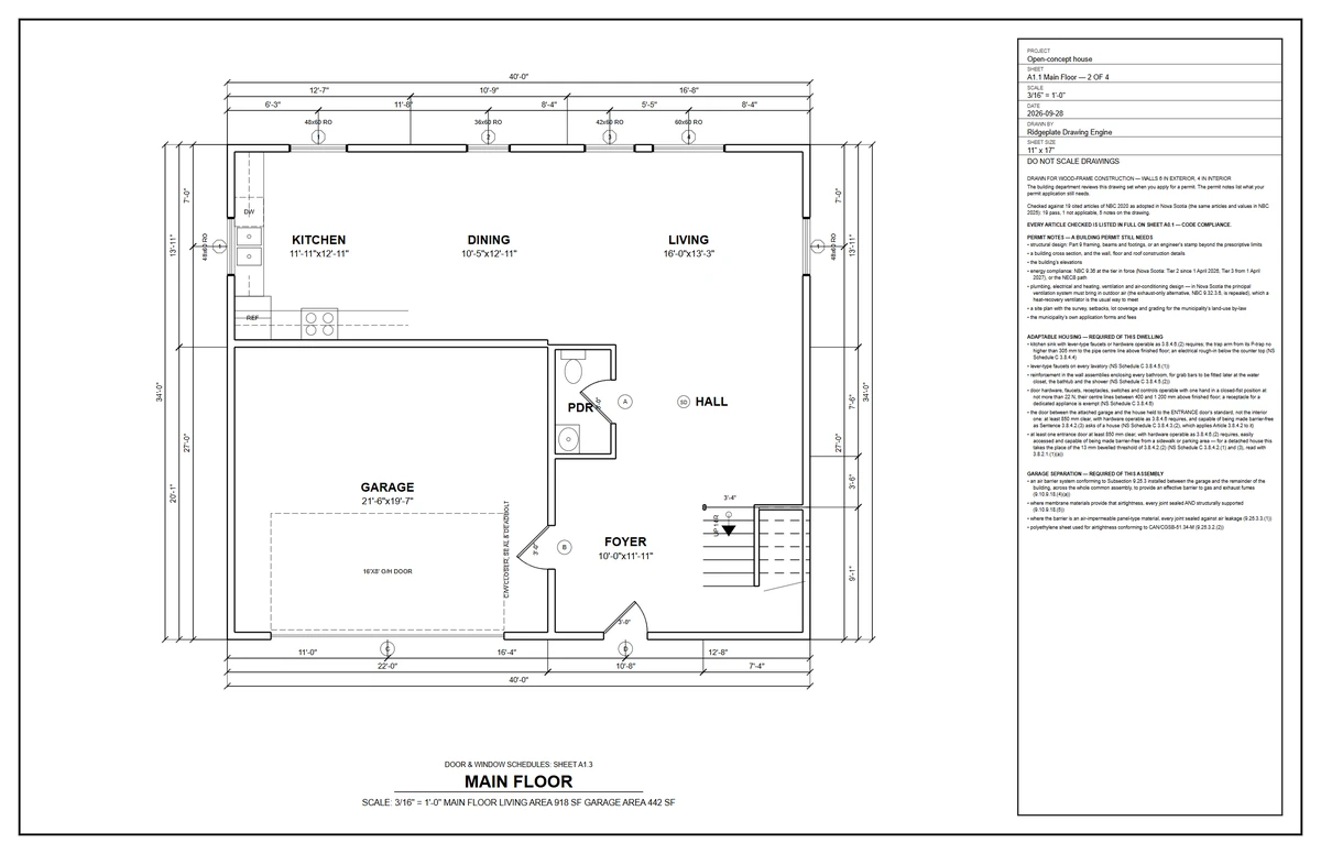 Main floor plan of a 40 by 34 ft two-floor house: kitchen, dining and living open across the back, a 2-Car garage, the foyer and the stair